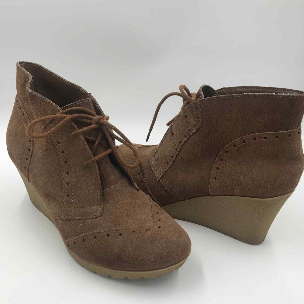 Mia Boots Womens‎ 11 M Brown Camel Suede Wedge Leather Lace Up Bootie